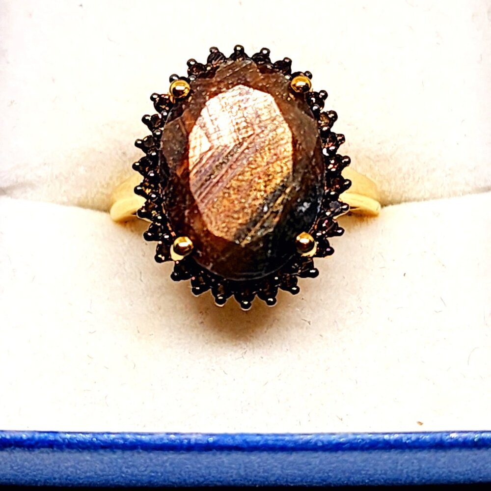 Chocolate Sapphire & Smoky Quartz halo ring in 18K YG over 925 SS 13.30ct sz 7